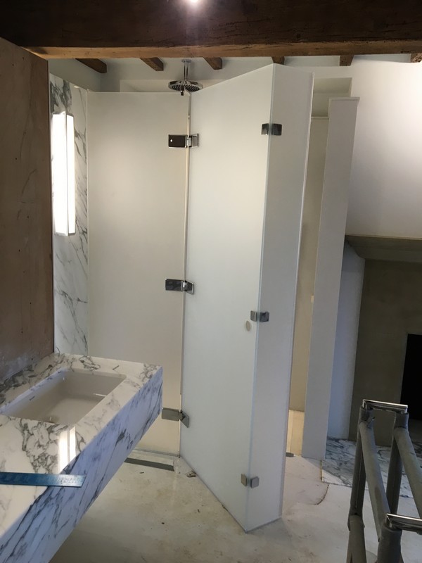 Bespoke frosted glass shower enclosure in Canning Town luxury bathroom